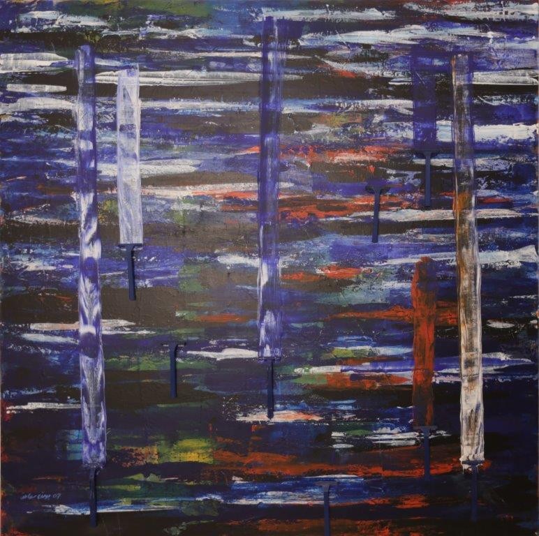 Yousef Saadeh , The other half of the truth , acrylic and razors on canvas, 100 x 100 cm , 2007.